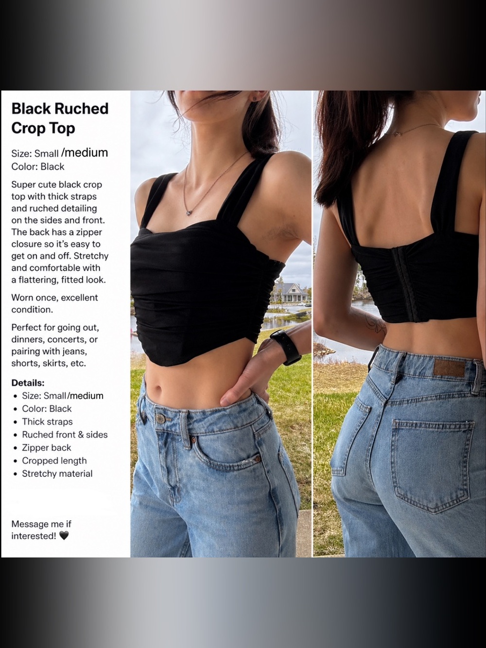 Windsor Black Ruched Crop Top with Wide Straps